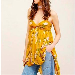 Free People Mirage yellow floral tube top flounce smocked size XS